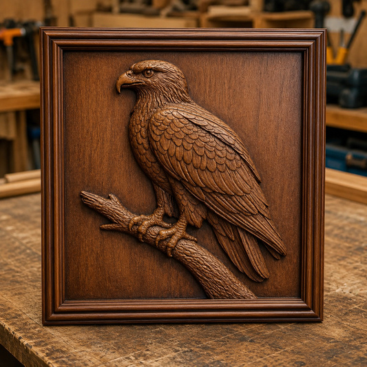 Here’s a revised version of your sentence using the provided product data: The Eagle Branch Portrait Relief STL File by Form Arcade features a detailed depiction of an eagle perched on a branch, framed within a square wooden border and displayed on a workbench surrounded by tools. This wildlife CNC wall art highlights expert woodworking craftsmanship and intricate CNC relief carving techniques.