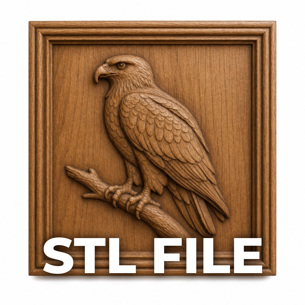The Eagle Branch Portrait Relief STL File by Form Arcade features an eagle perched on a branch, perfect for wildlife CNC wall art. The design includes "STL FILE" in bold white letters at the bottom.