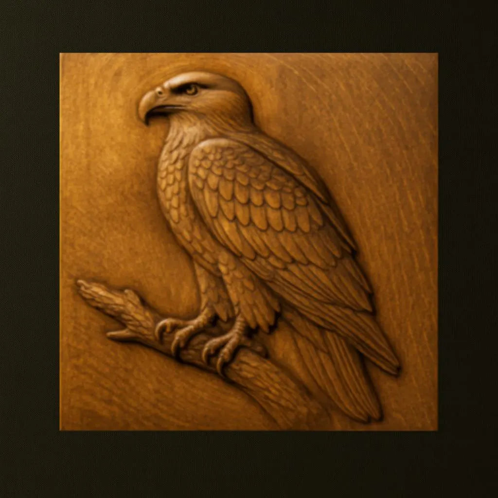 The Eagle Branch Portrait Relief STL File by Form Arcade is a wildlife CNC wall art design featuring a detailed wood carving of an eagle in profile, perched on a branch, with finely highlighted feathers and sharp features.