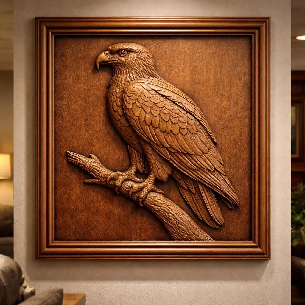 The Eagle Branch Portrait Relief STL File by Form Arcade is a wildlife CNC wall art design, featuring an eagle perched on a branch—perfect for creating detailed wood carvings to display in your home.
