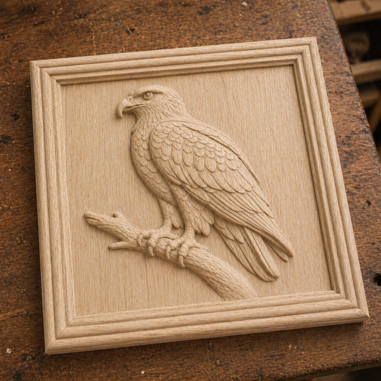 The "Eagle Branch Portrait Relief STL File" by Form Arcade is a detailed wildlife CNC wall art design, perfect for creating a square wooden plaque with an eagle perched on a branch.