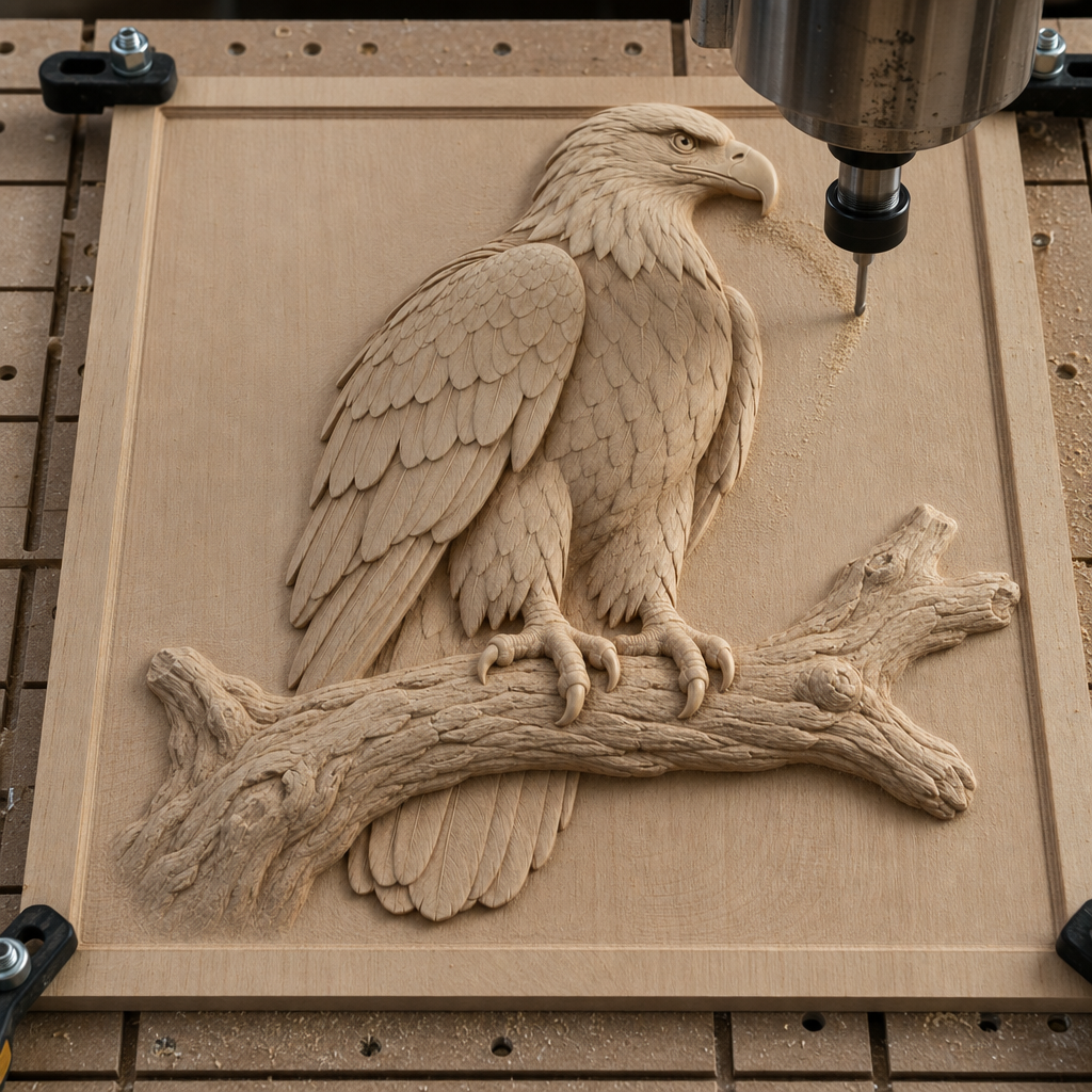 CNC router cutting a detailed eagle relief on a wooden board, with layered feathers, talons, and a textured branch visible.