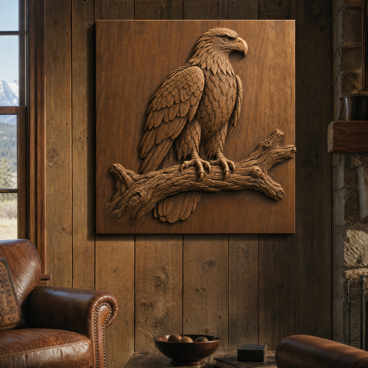 CNC wood carving of a right-facing eagle on a branch, mounted as wall art against rustic wood paneling.