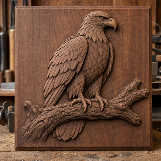 Detailed CNC wood relief of an eagle facing right, perched on a textured branch with layered feathers and gripping talons.
