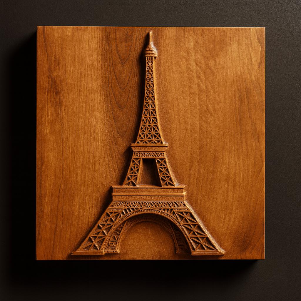 Detailed carved wooden relief of the Eiffel Tower with smooth depth transitions and visible wood grain, photographed with warm lighting to emphasize clean CNC carving lines and dimensional structure, ideal for wall art and decorative woodworking projects