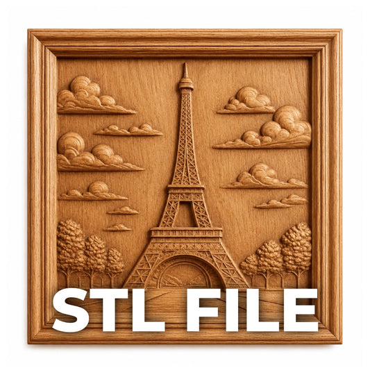 Eiffel Tower Relief STL File | Paris CNC Wall Art by Form Arcade: A carved Eiffel Tower with clouds and trees in a square frame. Ideal digital design for CNC carving or 3D printing fans seeking Parisian wall art.