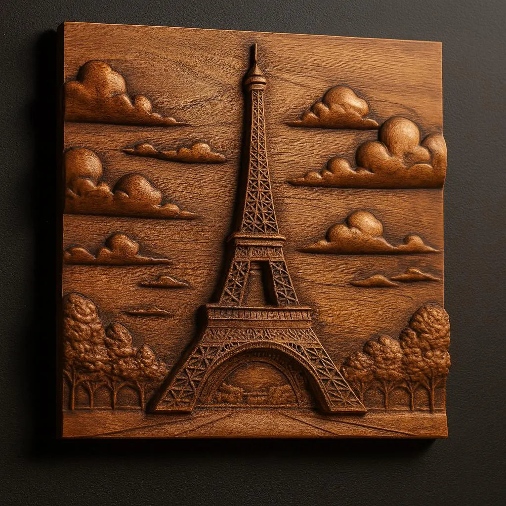 The "Eiffel Tower Relief STL File | Paris CNC Wall Art" by Form Arcade features a CNC-carved wooden wall panel depicting the Eiffel Tower amid trees and clouds in relief on a dark background.