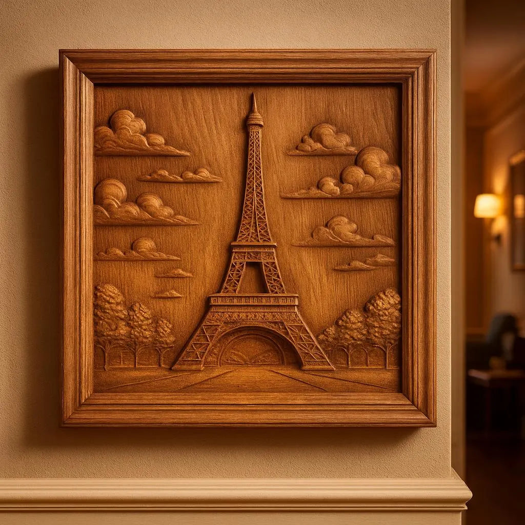 The "Eiffel Tower Relief STL File | Paris CNC Wall Art" by Form Arcade is displayed on a beige wall in a warmly lit room, featuring the Eiffel Tower with clouds and trees in a detailed wooden carving.