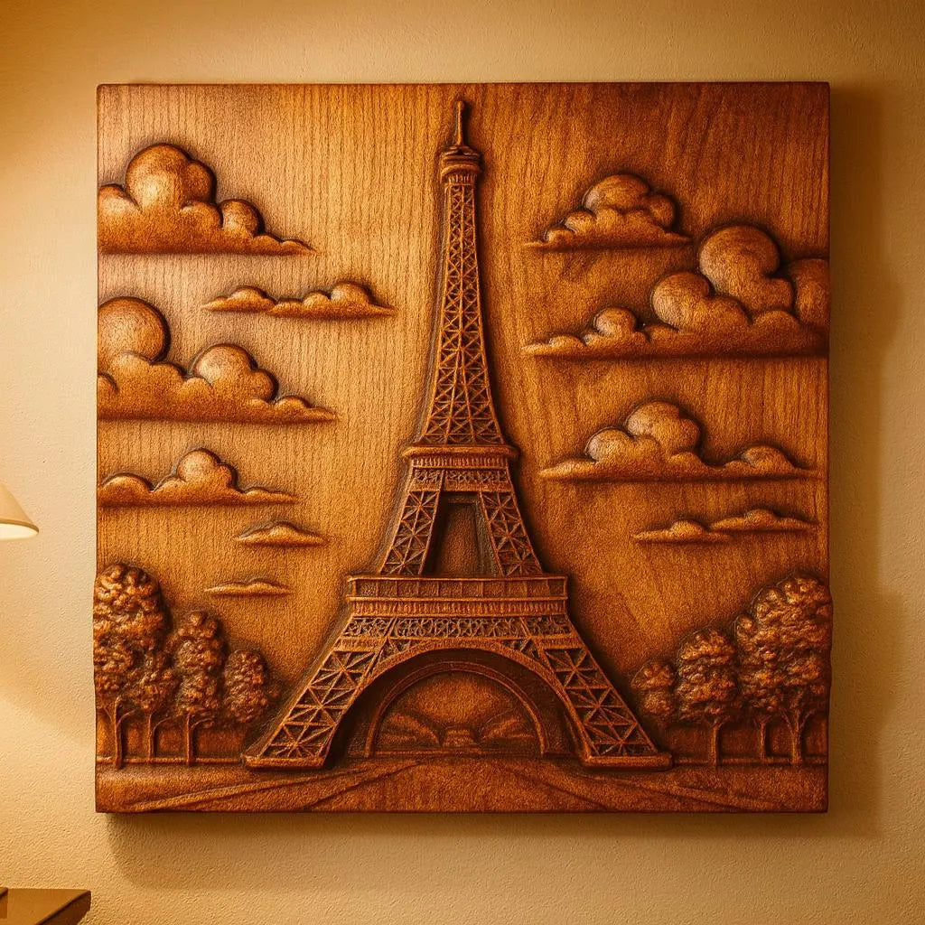 The Eiffel Tower Relief STL File by Form Arcade lets you create CNC-carved Paris wall art, featuring the Eiffel Tower with clouds and trees in relief style, perfect for display on a warmly lit wall.