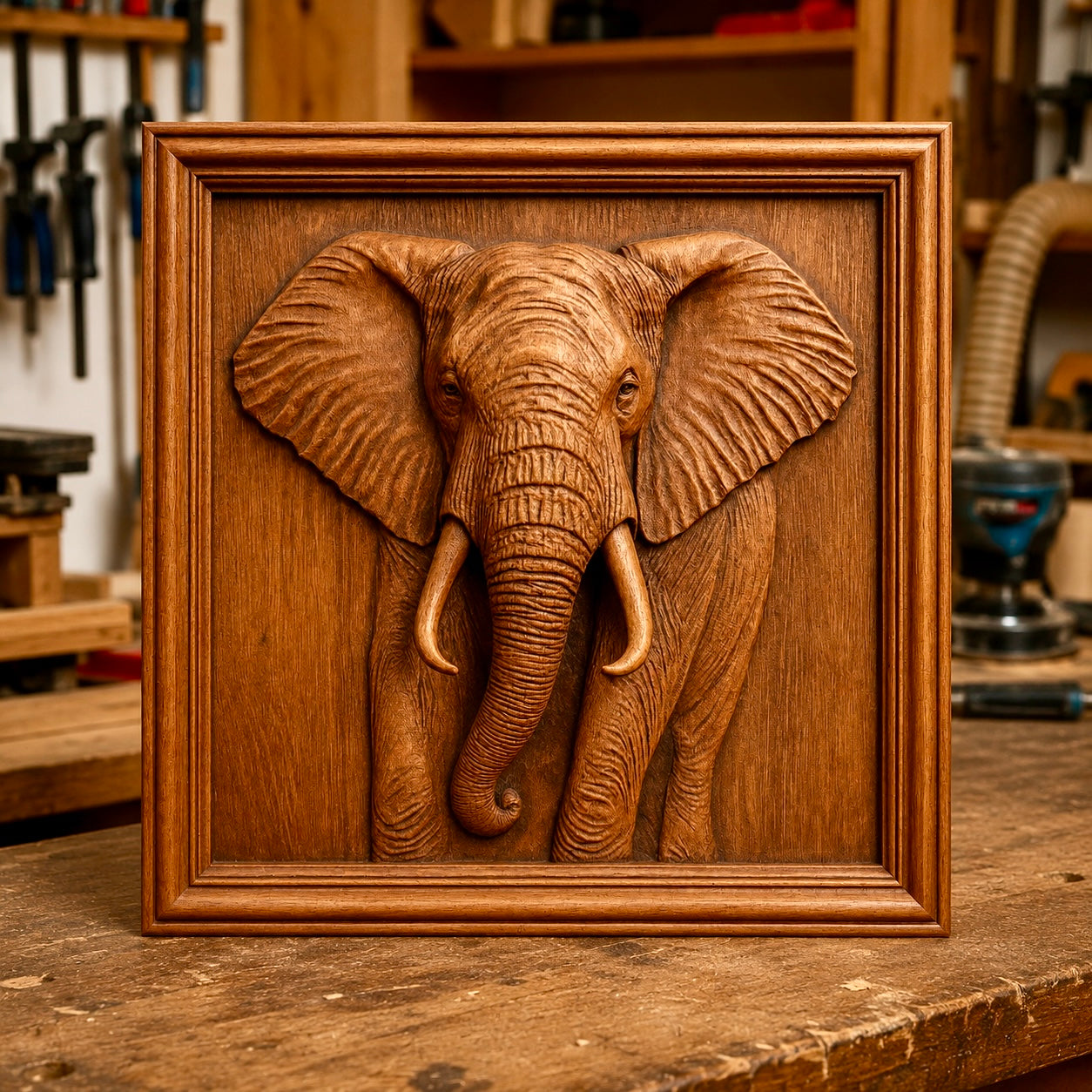 A captivating Elephant Portrait CNC Relief STL File from Form Arcade is displayed on a workbench in a woodshop, surrounded by tools and shelves—an inspiring wildlife wall art design for woodworking enthusiasts or anyone seeking an elephant-themed CNC carving project.