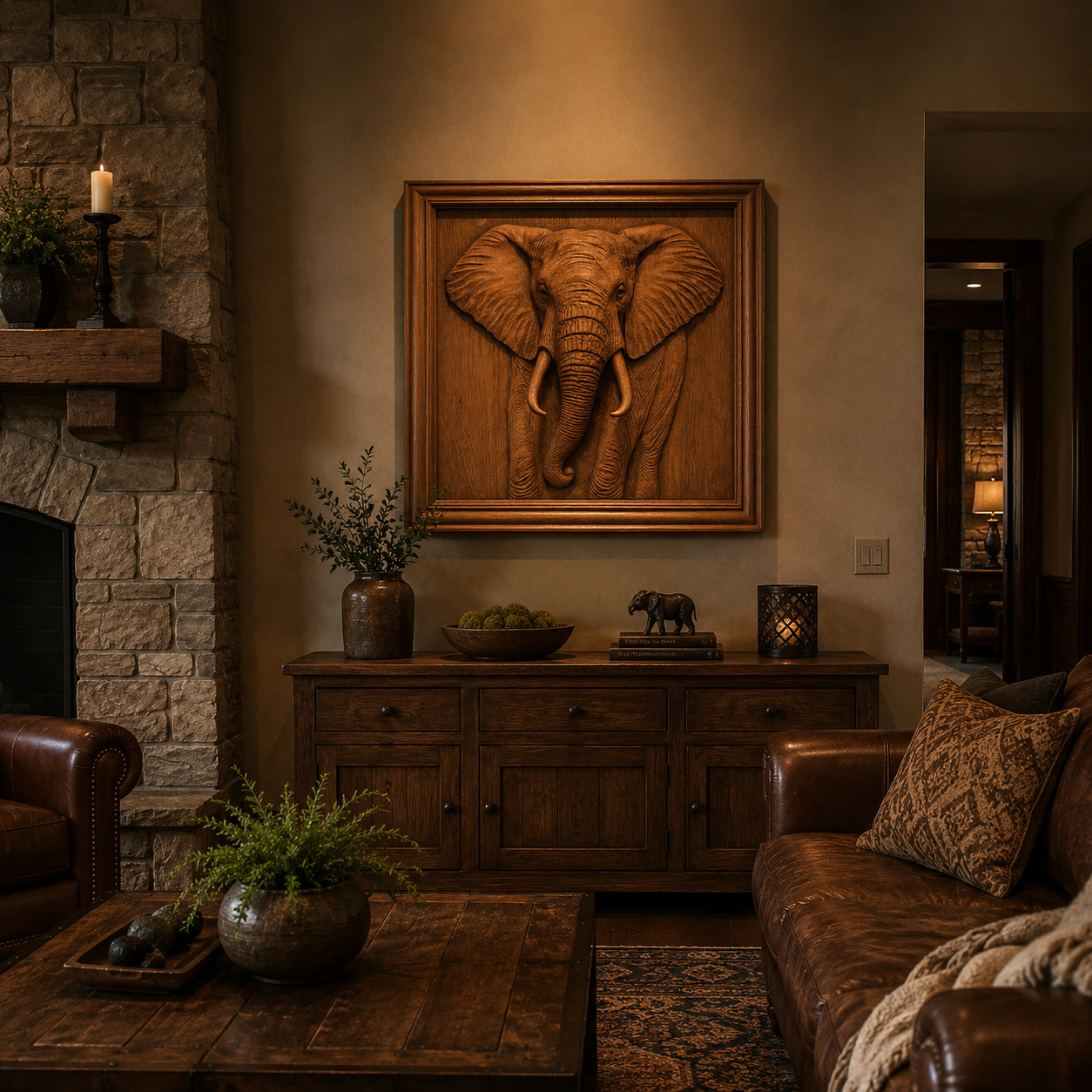 A cozy living room features brown leather sofas, a wooden sideboard, and a striking elephant portrait on the wall. A stone fireplace, potted plants, and warm lighting contribute to the rustic and inviting atmosphere. The Elephant Portrait CNC Relief STL File | Wildlife CNC Wall Art by Form Arcade adds an artistic flair to the décor—ideal for woodworking enthusiasts or anyone seeking inspiration from a unique STL file for their next CNC carving project.