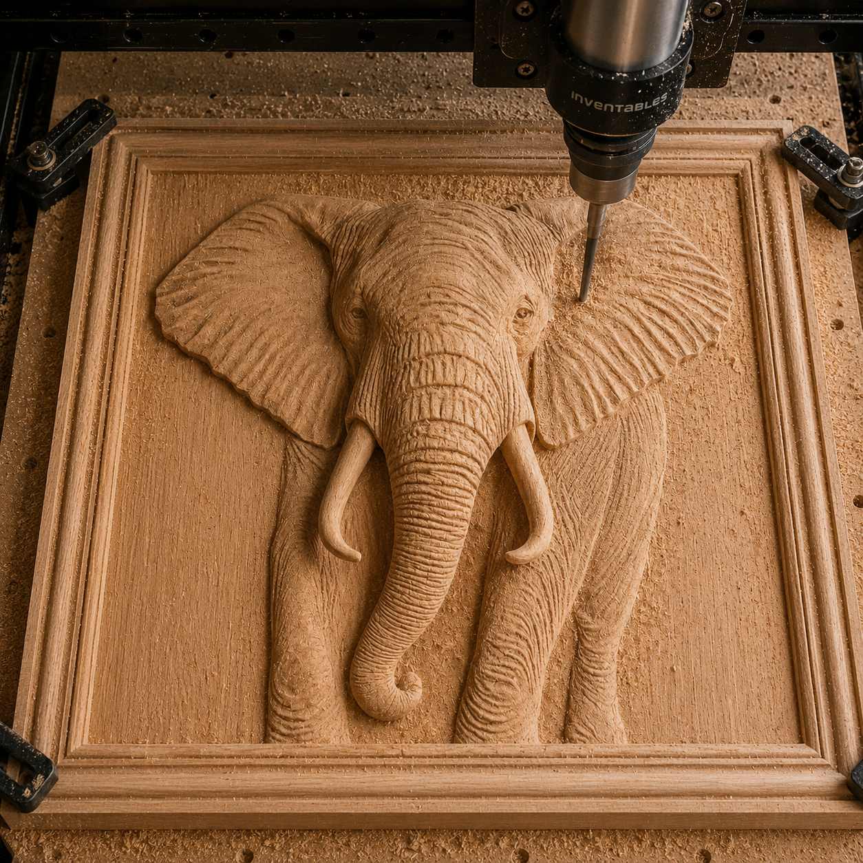 A CNC machine carves the “Elephant Portrait CNC Relief” from Form Arcade on a wooden panel, wood shavings scattered around this wildlife wall art—perfect inspiration for your next woodworking project.