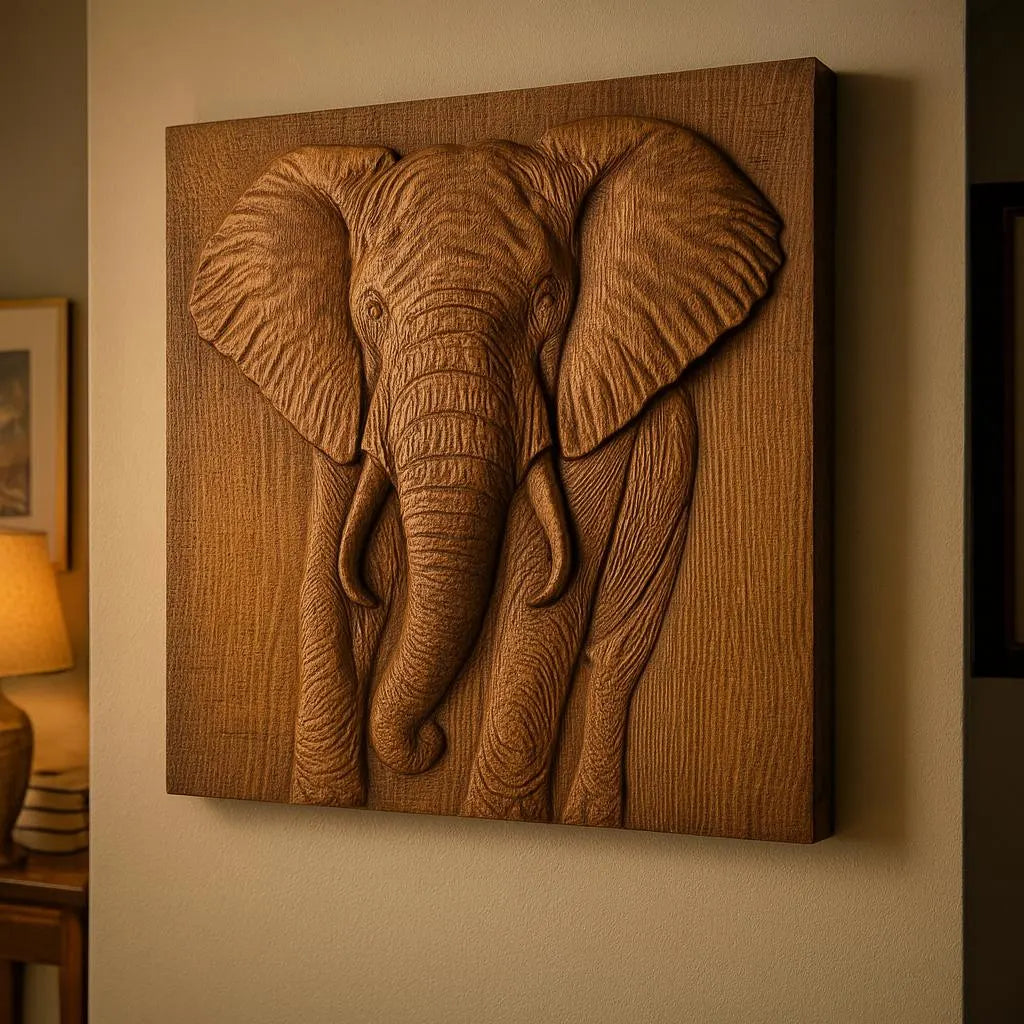 A cozy room features softly lit walls adorned with the Elephant Portrait CNC Relief STL File by Form Arcade, showcasing wildlife-inspired CNC wall art.