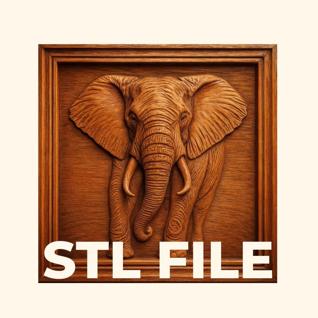 Introducing the "Elephant Portrait CNC Relief STL File | Wildlife CNC Wall Art" by Form Arcade—a stunning wooden relief carving featuring a detailed elephant head and trunk within a square frame. The bold "STL FILE" text at the bottom highlights its digital format, making it an ideal addition to your woodworking projects or as an STL file for CNC carving.