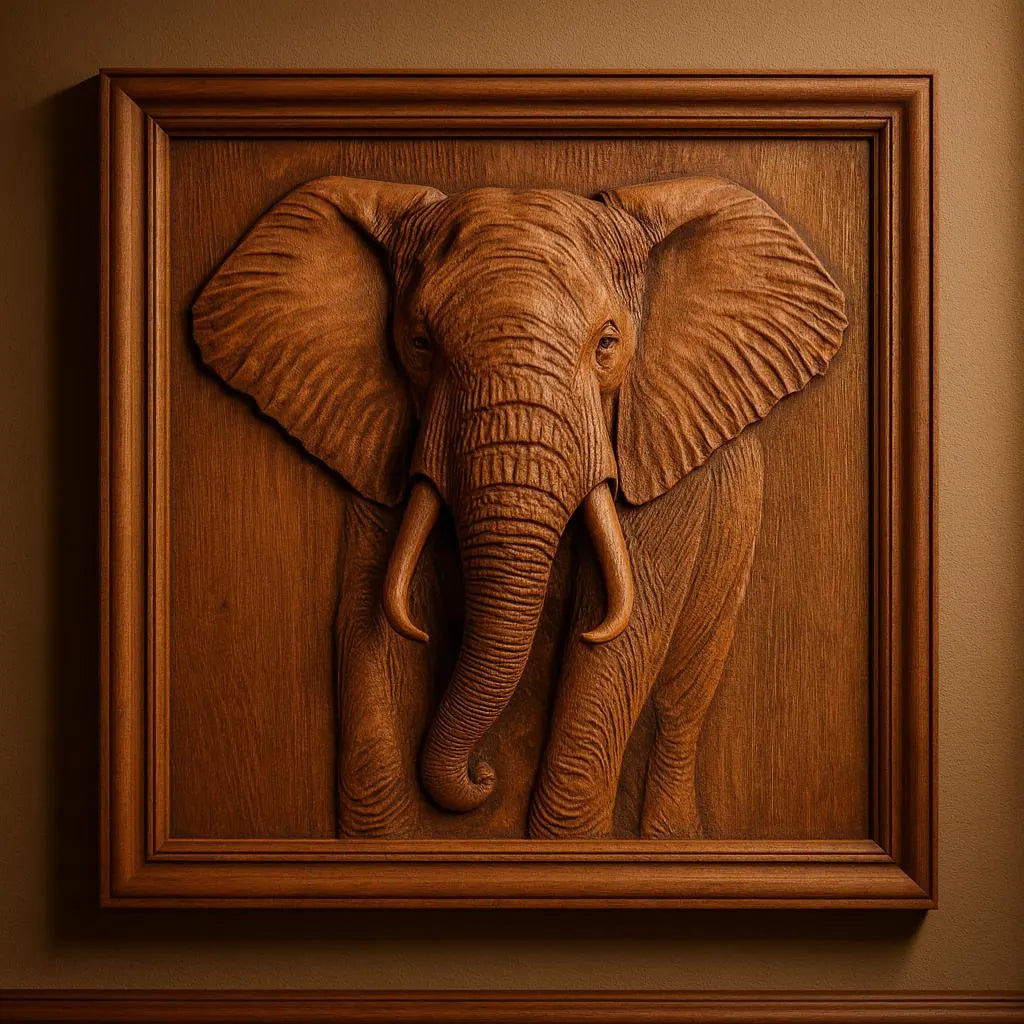 A stunning Elephant Portrait CNC Relief, featuring an intricately detailed elephant head with large tusks and ears, is beautifully framed in a rectangular wooden mount and showcased on a brown wall—ideal for woodworking projects or as wildlife wall art. Get the STL file from Form Arcade.