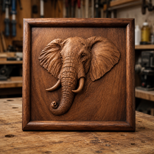 A detailed wooden carving of an elephant's head is framed and displayed on a workbench in a workshop, with woodworking tools in the background. The Elephant Portrait Relief STL File | Wildlife CNC Wall Art by Form Arcade showcases expert craftsmanship—an ideal choice for anyone interested in CNC relief carving and unique elephant portrait designs.