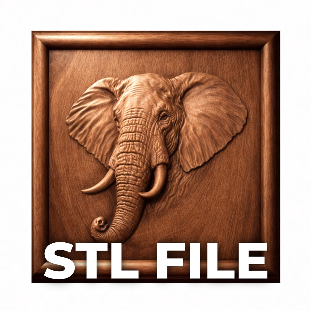 The Elephant Portrait Relief STL File by Form Arcade features an elephant head in a square frame, ideal as wildlife CNC wall art. "STL FILE" is displayed in bold white letters at the bottom.
