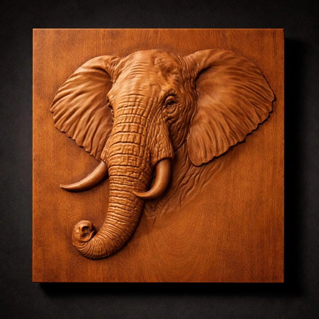 The Elephant Portrait Relief STL File by Form Arcade is a detailed wildlife CNC wall art design featuring an elephant’s head with large ears and a curled trunk, ideal for creating striking woodworking decor.