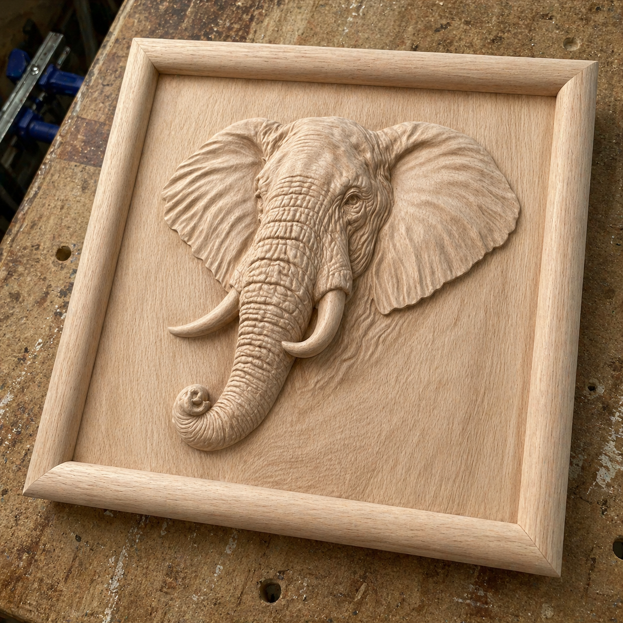 The Elephant Portrait Relief STL File by Form Arcade is a detailed wildlife CNC wall art design, featuring a raised elephant with prominent ears and tusks—perfect for creating impressive woodworking decor.