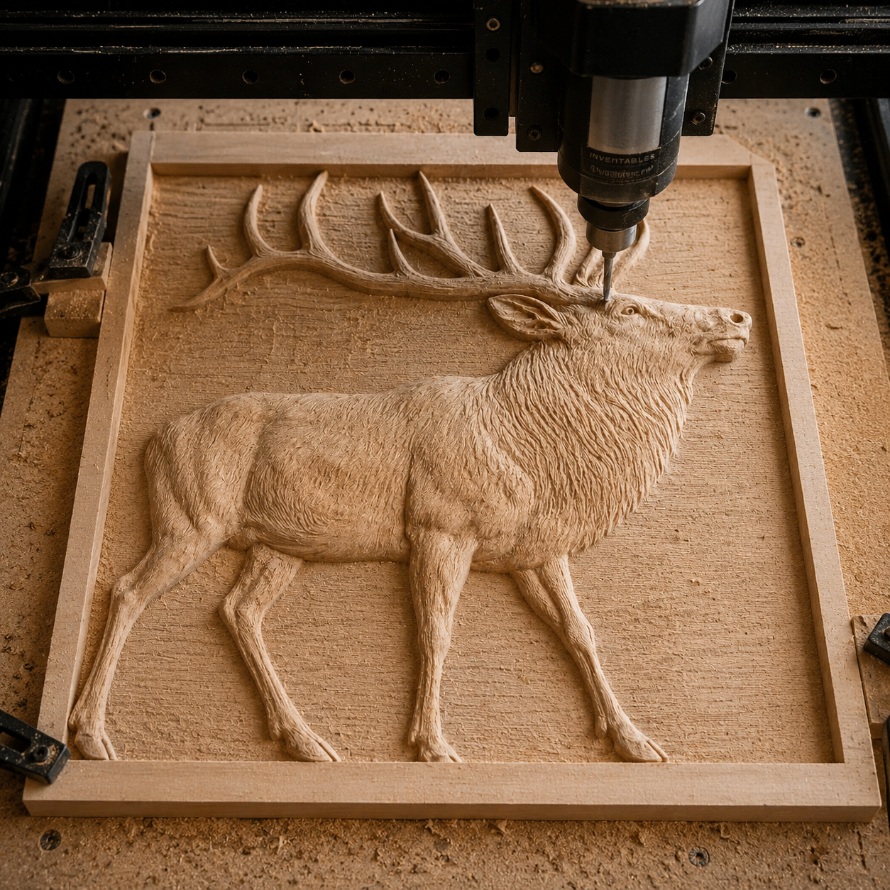 Using a CNC machine and the "Elk Stag CNC Relief STL File | Wildlife CNC Wall Art" by Form Arcade, you can carve a detailed elk stag with antlers into a square wooden panel—an impressive addition to your woodworking projects.