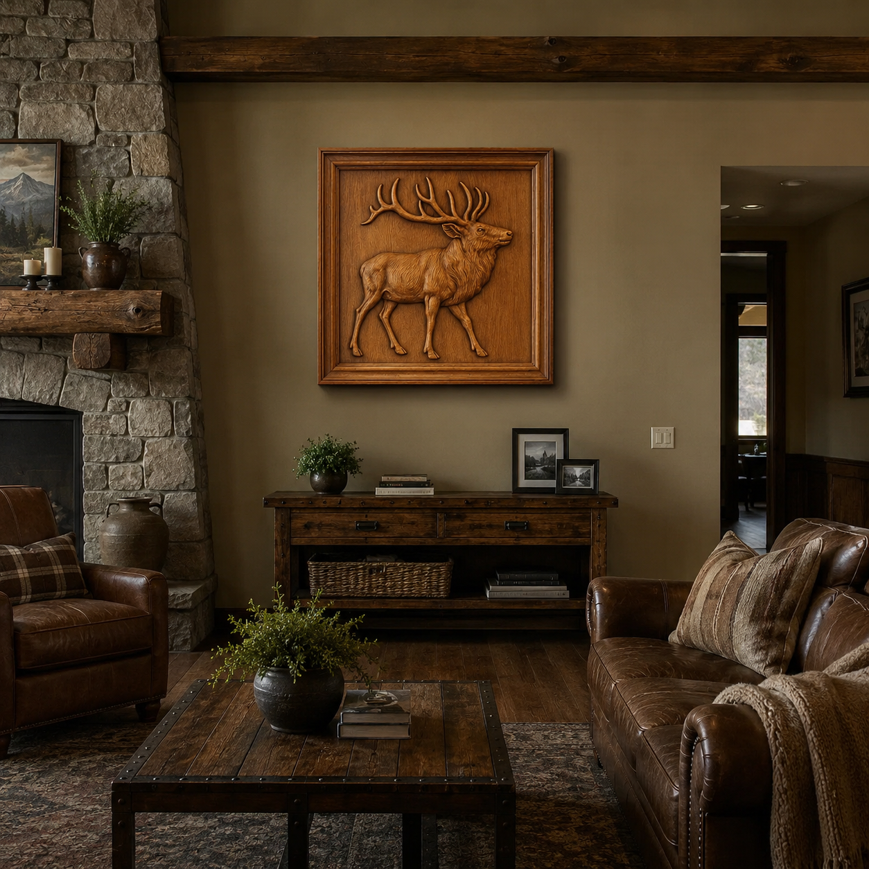 Cozy living room with leather chairs, rustic wooden furniture, and a stone fireplace featuring the Elk Stag CNC Relief STL File | Wildlife CNC Wall Art by Form Arcade mounted above a console table on a tan wall—a beautiful centerpiece perfect for woodworking projects and CNC relief carving enthusiasts.