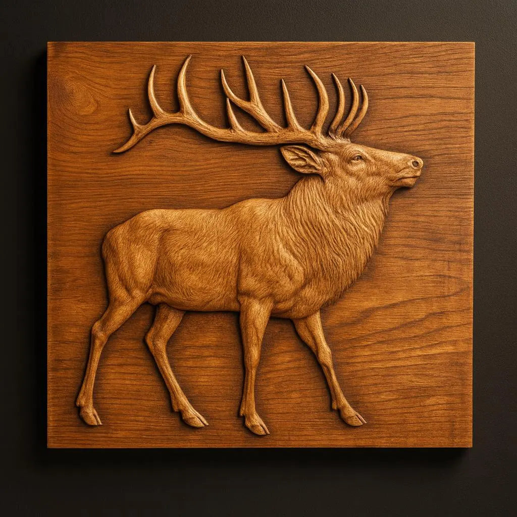 A detailed wood carving of a majestic elk stag with large antlers is mounted on a square wooden plaque, displayed against a dark background. This striking piece showcases exceptional craftsmanship and would make an impressive addition to woodworking projects, especially for those using the Elk Stag CNC Relief STL File | Wildlife CNC Wall Art from Form Arcade with CNC relief carving techniques.