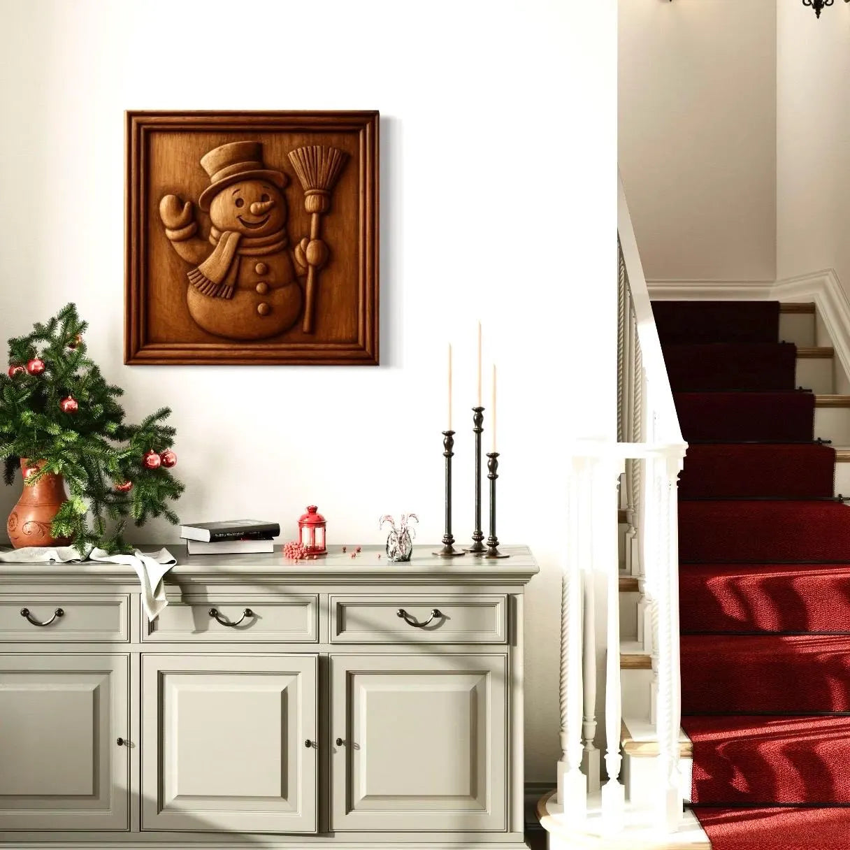 Wood carved Christmas relief panel displayed in an entryway above cabinetry and stairs, demonstrating real world placement of CNC carved holiday wall art.