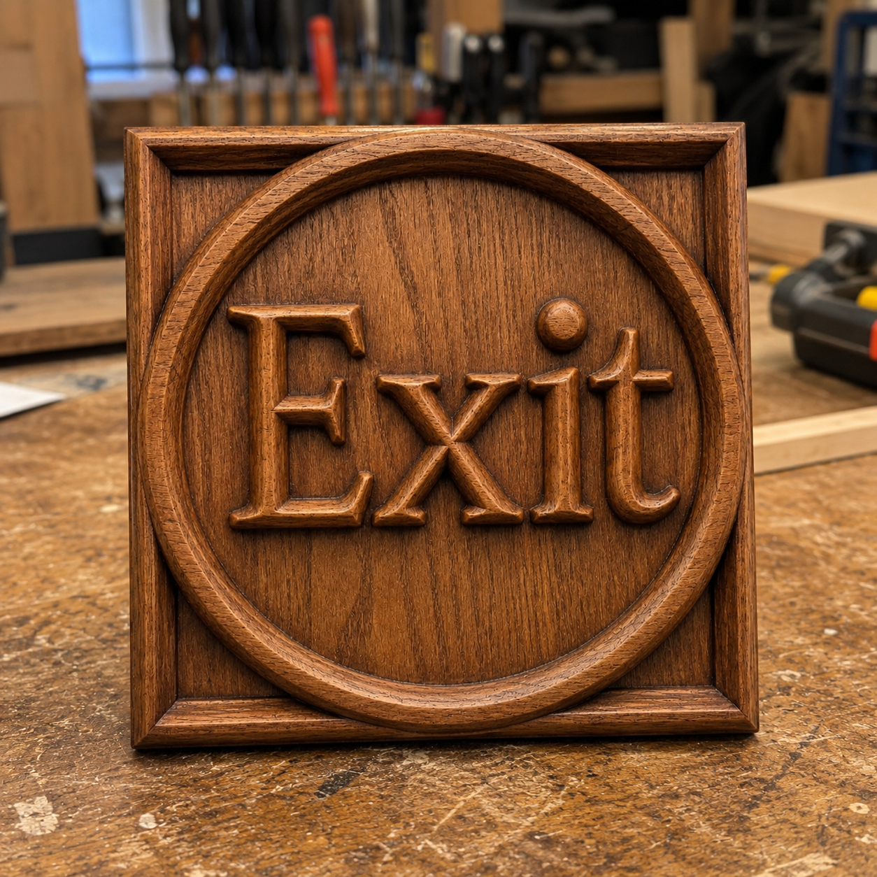 The Exit Sign Relief STL File by Form Arcade features the word "Exit" in raised letters—ideal for CNC wall art or woodworking inspiration in your shop.