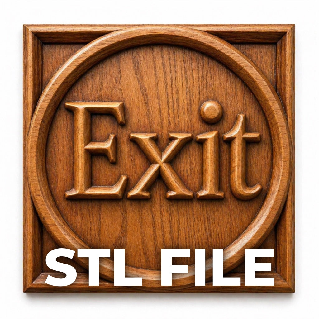 The Exit Sign Relief STL File by Form Arcade features "Exit" carved in a circular wooden border, ideal for CNC wall art or relief carving. "STL FILE" appears in bold at the bottom. Perfect decor for your space!.
