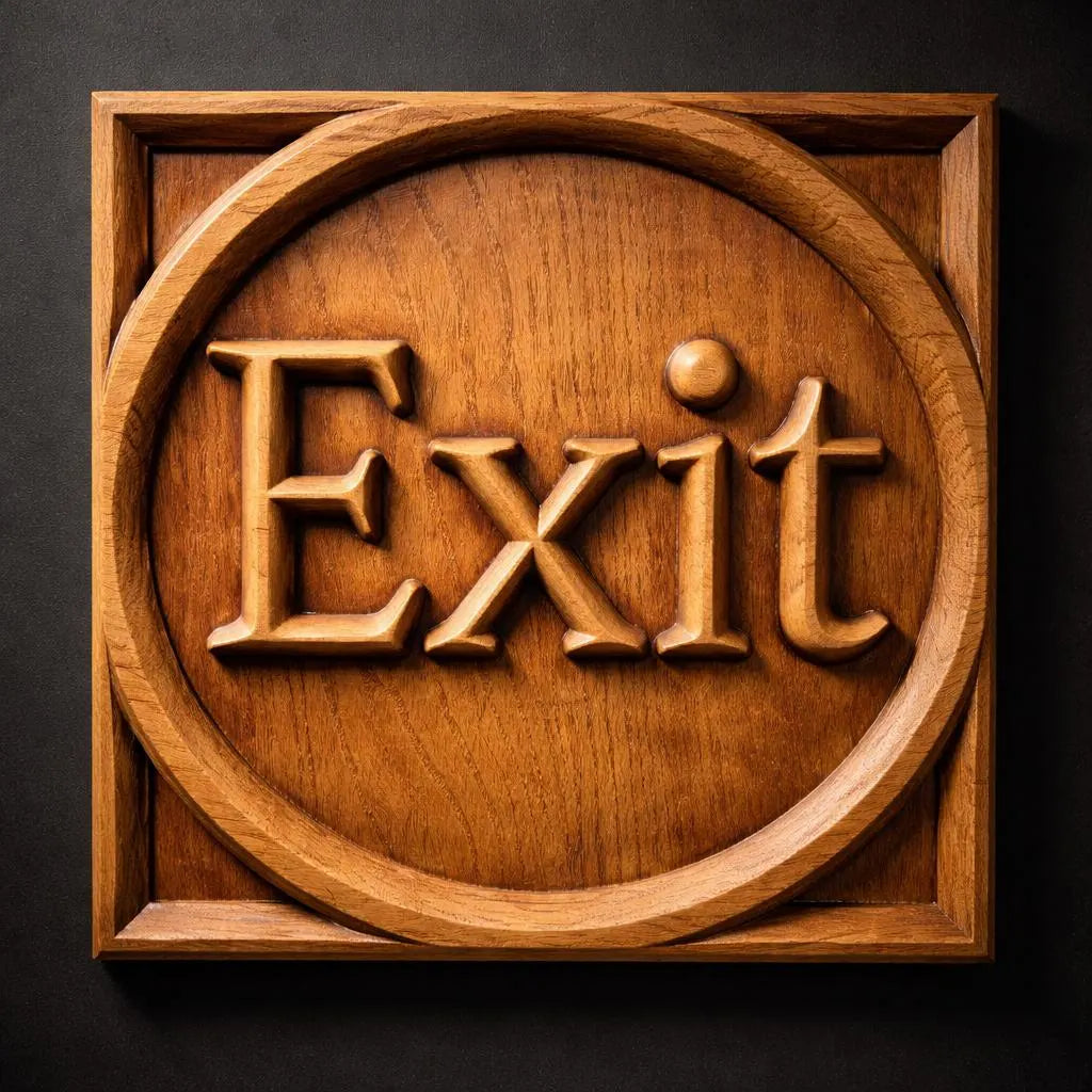 The Exit Sign Relief STL File by Form Arcade features the word “Exit” in raised letters within a circular border, designed for CNC wall art or decorative carving projects. Perfect for adding stylish detail to your space.