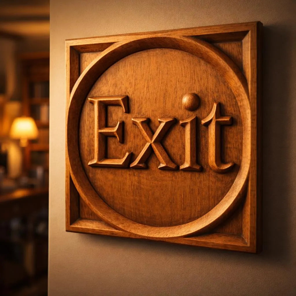 The "Exit Sign Relief STL File | Decor CNC Wall Art" by Form Arcade features a wooden CNC-carved exit sign with a circular border, mounted on a wall in a warmly lit room with blurred furniture and a glowing lamp, enhancing its décor appeal.