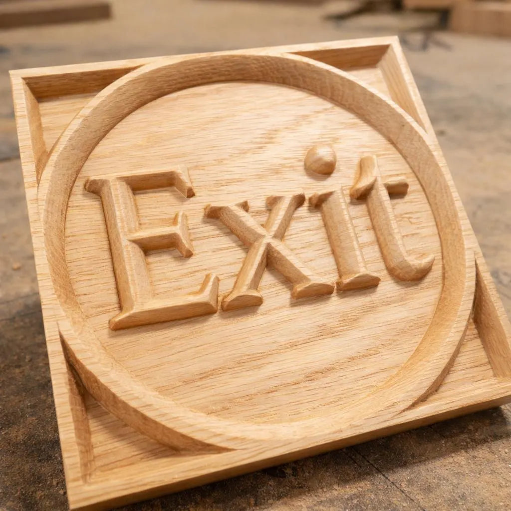 The Exit Sign Relief STL File by Form Arcade is a CNC wall art design featuring the word "Exit" in bold relief, perfect for workshop decor or woodworking projects. Wood shavings and a workshop table are shown in the display image.