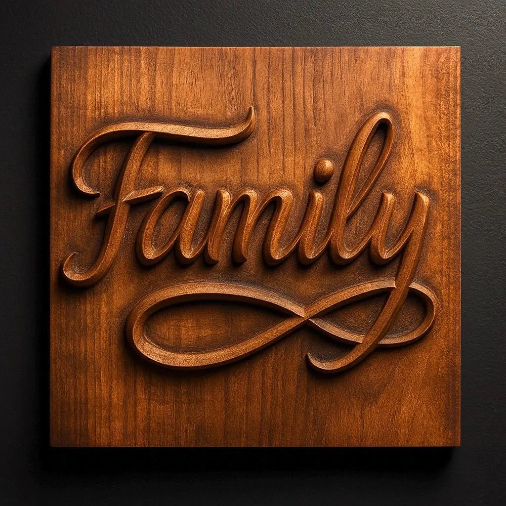 The Family Script CNC Relief STL File by Form Arcade features "Family" in elegant script—ideal for creating striking wall art or enhancing woodworking projects with your CNC machine.