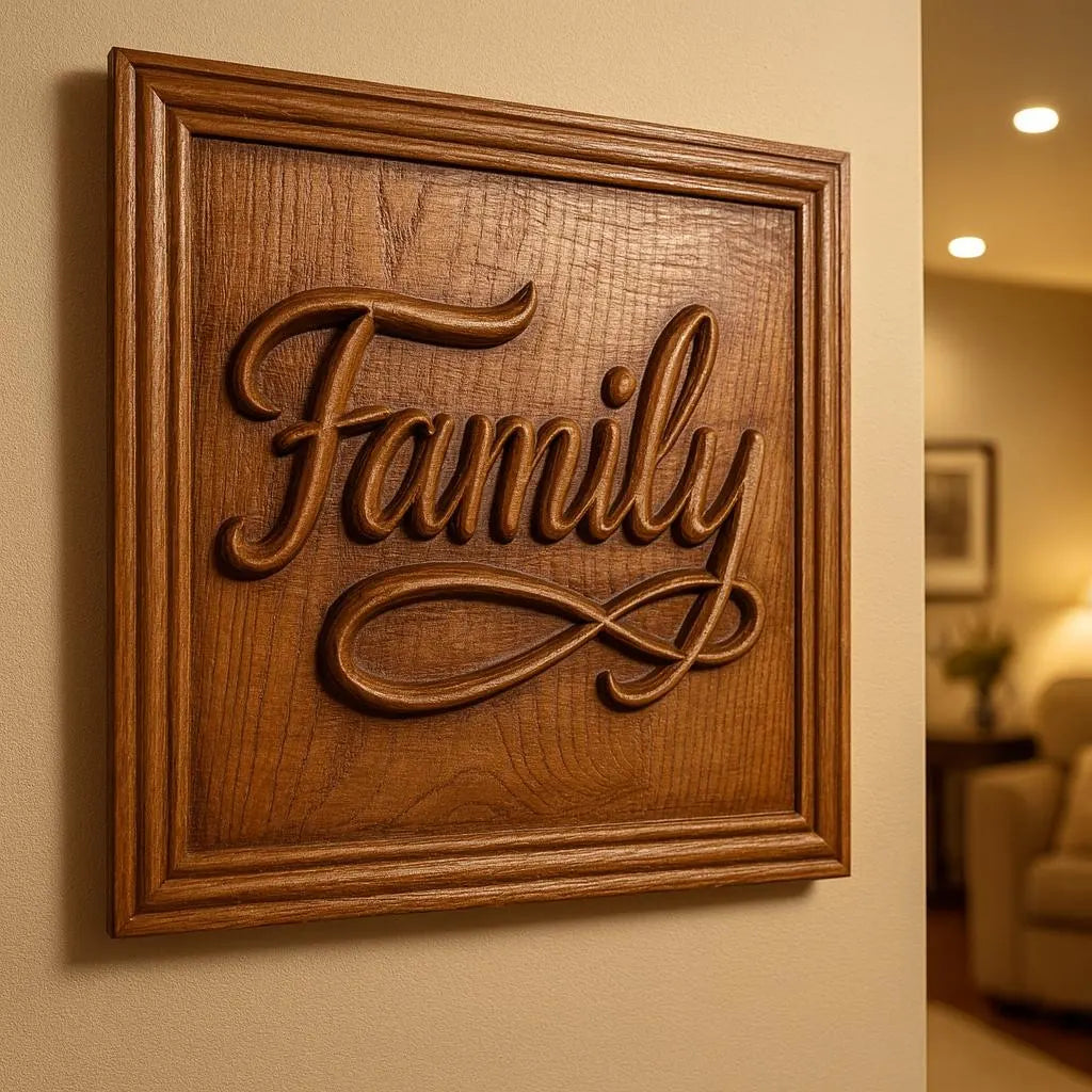 The Family Script CNC Relief STL File by Form Arcade features "Family" elegantly carved in cursive with a decorative swirl—ideal as wall art or inspiration for woodworking and CNC projects. Perfect for warm, inviting interiors.
