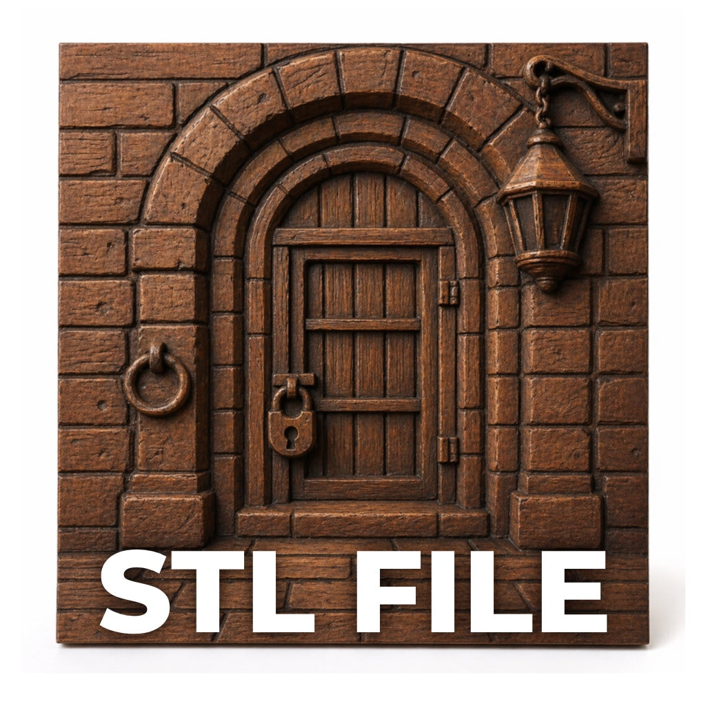 A wooden medieval door with a lantern, knocker, and padlock set in brick. Fantasy Castle Gate Relief STL File | Castle Entrance CNC Wall Art by Form Arcade. Bold “STL FILE” text at the bottom for 3D printing or CNC carving.