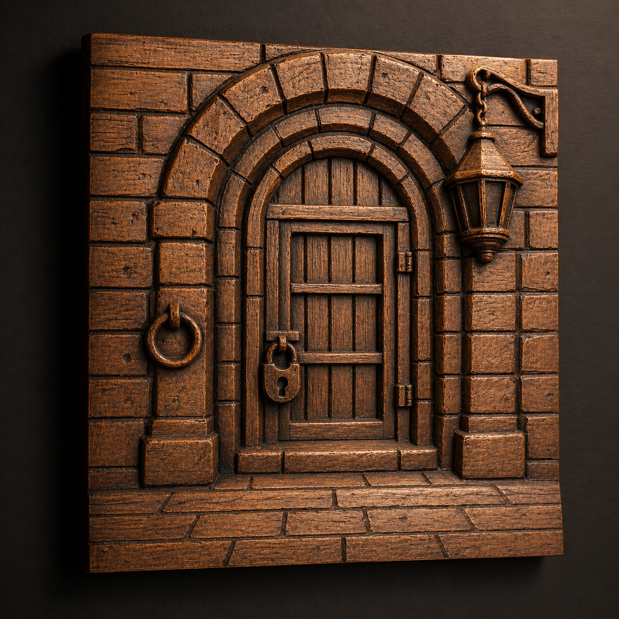 The Fantasy Castle Gate Relief STL File by Form Arcade features a detailed medieval arched door with a metal ring, padlock, and lantern—ideal for CNC wall art or 3D printing. Perfect for fantasy-themed decor and creative projects.