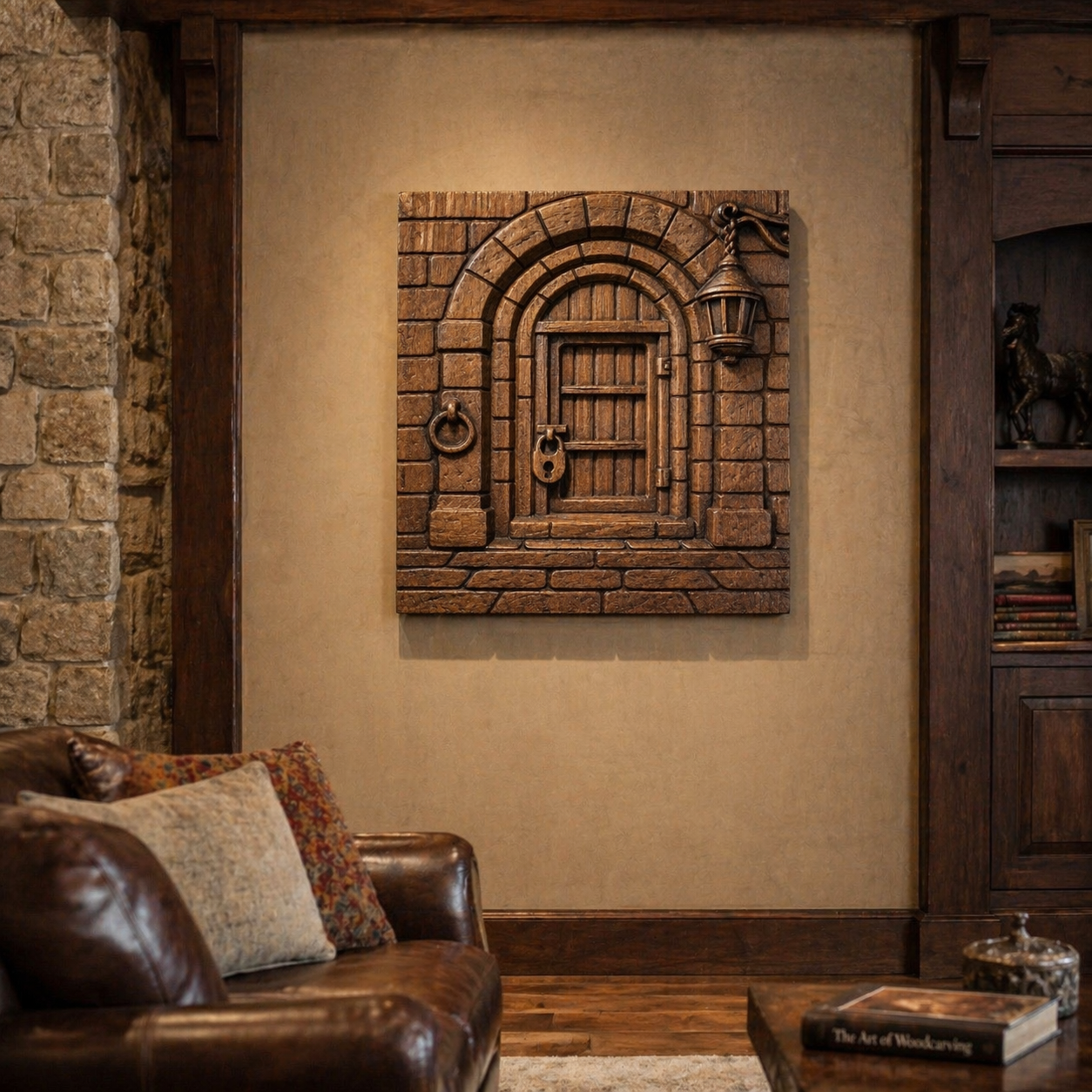 A cozy living room with a leather sofa and pillows, featuring Form Arcade’s Fantasy Castle Gate Relief STL File | Castle Entrance CNC Wall Art—stone archway, door with metal rings, lantern—mounted on a beige wall near a bookshelf.