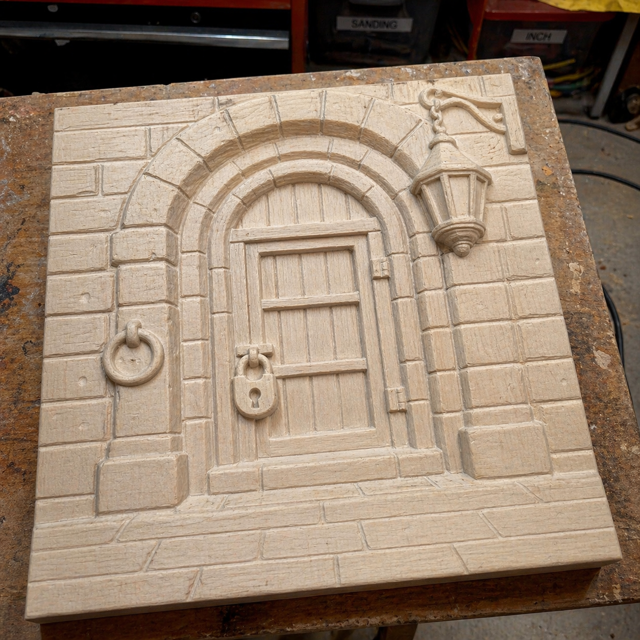 The Fantasy Castle Gate Relief STL File by Form Arcade features an intricate castle entrance—arched door with padlock, stone brickwork, knocker, and lantern—ideal for CNC wall art or fantasy-inspired projects.