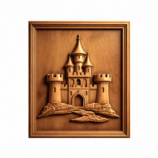 The Fantasy Fortress Castle Relief STL File by Form Arcade features a medieval castle with three towers, an arched entrance, and stone details, perfect for CNC wall art and set against a smooth background with a simple wooden border.
