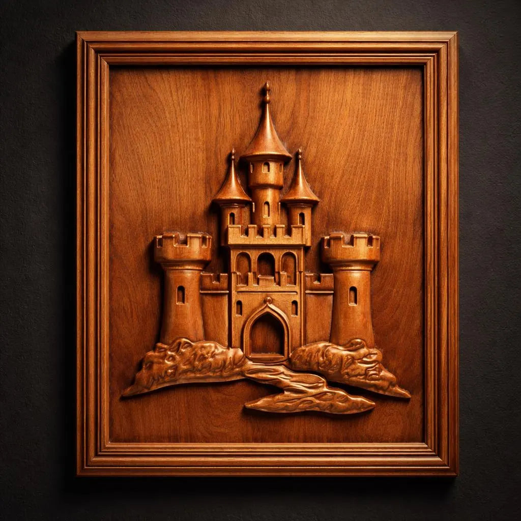 Form Arcade’s Fantasy Fortress Castle Relief STL File features a detailed medieval castle with towers on rocky terrain, framed in wood and mounted on a dark wall—ideal CNC wall art for 3D printing or carving enthusiasts.