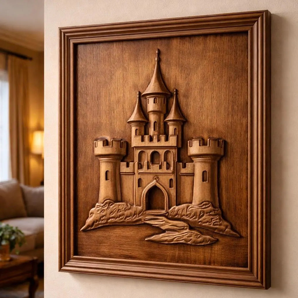 Form Arcade’s Fantasy Fortress Castle Relief STL File features a CNC-carved medieval castle wall art with towers and an arched gate, displayed on a beige wall in a cozy, softly lit living room.