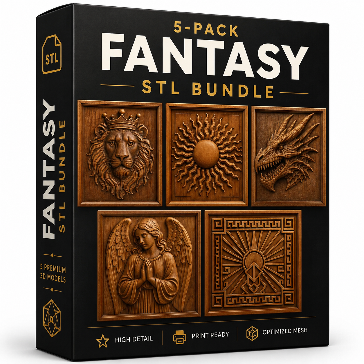 The Form Arcade Fantasy Heraldic Relief STL 5 Pack Bundle features high-detail CNC-ready wall art designs—lion, dragon, angel, sun, and geometric—for fantasy or heraldic decor. Perfect for crest projects and print-ready downloads.