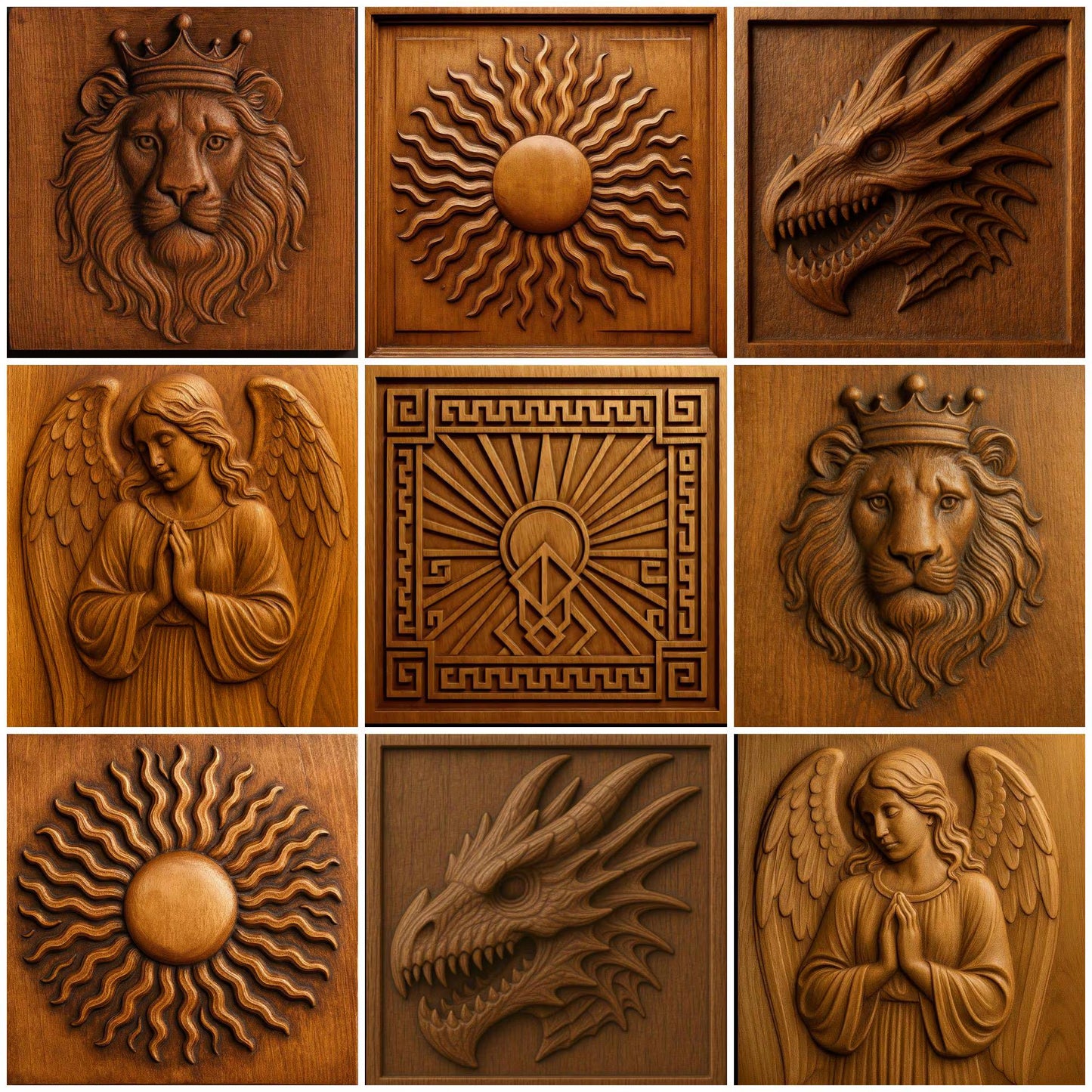 Nine carved wooden relief panels displayed in a clean grid layout including dragon, lion, sunburst, angel, and ornamental patterns, each piece showing consistent carving depth and natural wood grain, representing a cohesive fantasy heraldic CNC relief collection for wall art projects
