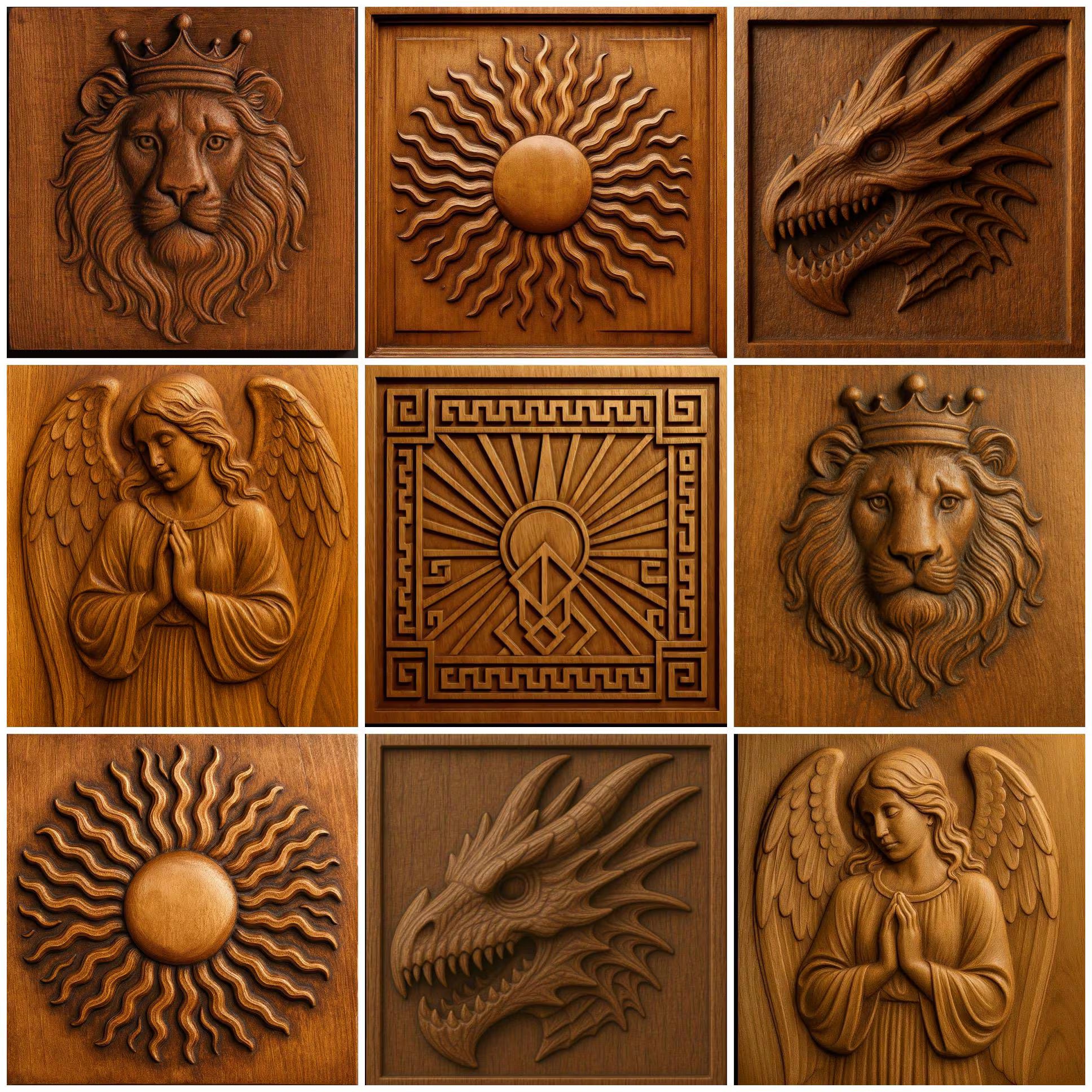 Nine carved wooden relief panels displayed in a clean grid layout including dragon, lion, sunburst, angel, and ornamental patterns, each piece showing consistent carving depth and natural wood grain, representing a cohesive fantasy heraldic CNC relief collection for wall art projects