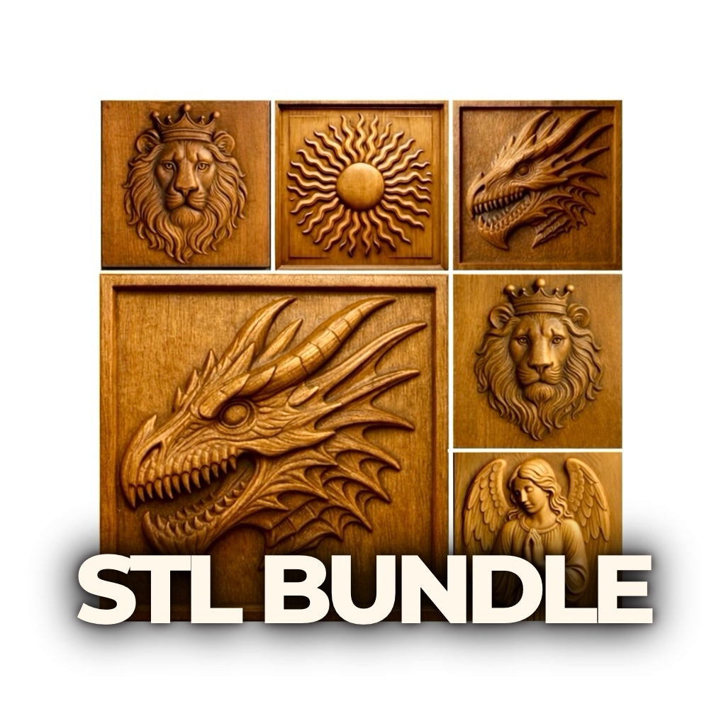 Collection of carved wooden relief panels arranged in a grid featuring dragon head, crowned lion, radiant sun, angel figure, and geometric heraldic emblem, each square panel showing detailed carving depth and warm wood grain, labeled STL file bundle for CNC carving and fantasy heraldic wall art designs