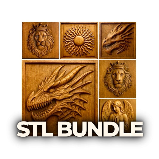 Collection of carved wooden relief panels arranged in a grid featuring dragon head, crowned lion, radiant sun, angel figure, and geometric heraldic emblem, each square panel showing detailed carving depth and warm wood grain, labeled STL file bundle for CNC carving and fantasy heraldic wall art designs