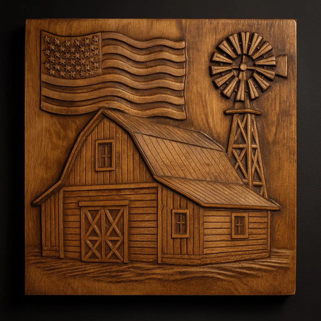 The American Farm Barn CNC Relief STL File by Form Arcade features an intricately detailed barn, windmill, and flag on a polished plaque—perfect for patriotic woodworking projects or CNC wall art.