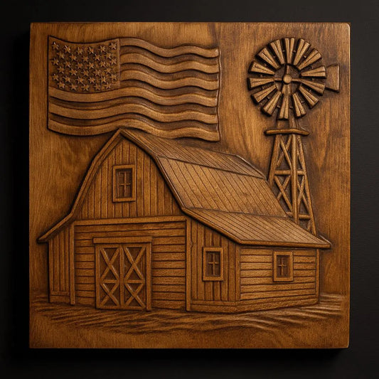 The American Farm Barn CNC Relief STL File by Form Arcade features an intricately detailed barn, windmill, and flag on a polished plaque—perfect for patriotic woodworking projects or CNC wall art.