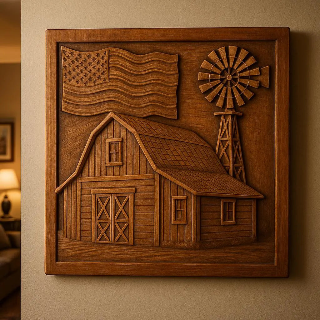 The American Farm Barn CNC Relief STL File by Form Arcade is a patriotic wall art design featuring a detailed barn, windmill, and flag—ideal for woodworking or CNC projects. The STL file showcases intricate relief work and displays beautifully.