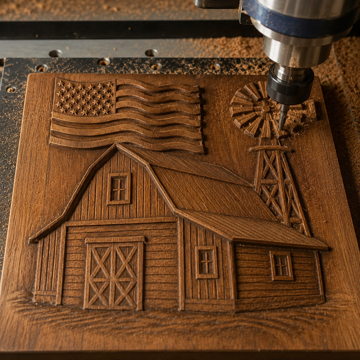 The American Farm Barn CNC Relief STL File by Form Arcade creates a wooden plaque with a barn, windmill, and American flag—ideal patriotic wall art for woodworking projects.